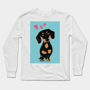 Cute Cartoon Dachshund with Three Pink Hearts Long Sleeve T-Shirt